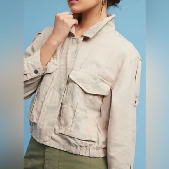 HEI HEI ANTHROPOLOGIE | Jacket Tan Camouflage Linen Blend Cropped Military | XL - Picture 1 of 9